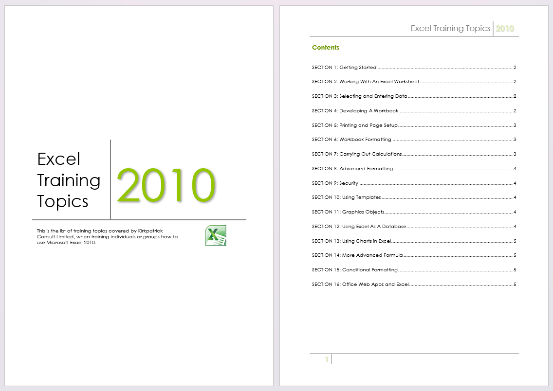 Kirkpatrick Consult Limited - Excel 2010 Training Topics
